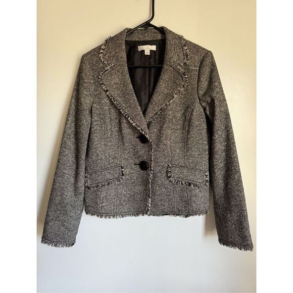 Caslon Womens Silk Wool Fringe Gray Button Blazer Jacket sz 10 career academia - Picture 2 of 10